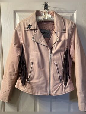 Unik Blush Leather Fringe Moto Jacket